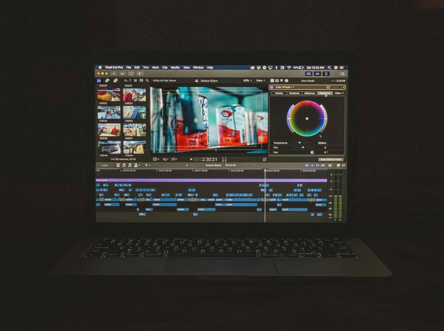 Video editing on computer screen.