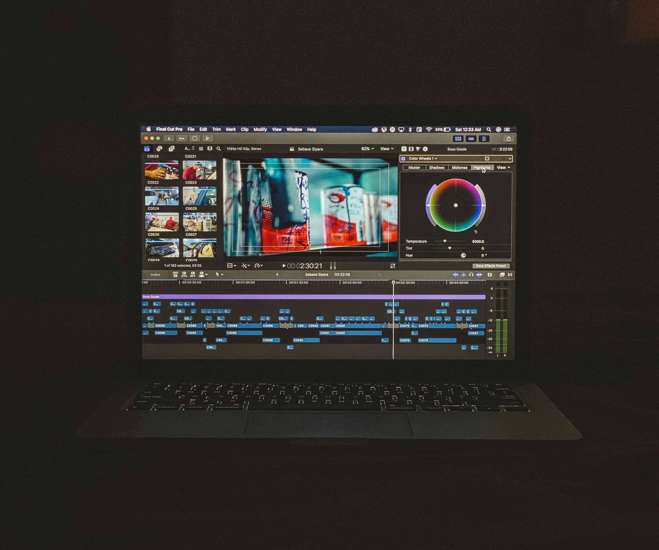Video editing on computer screen.