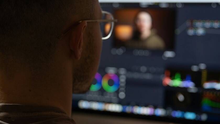 A guy video editing on a computer.