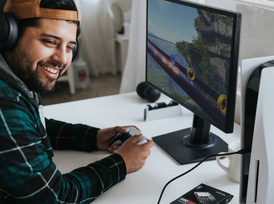 A guy playing video games.