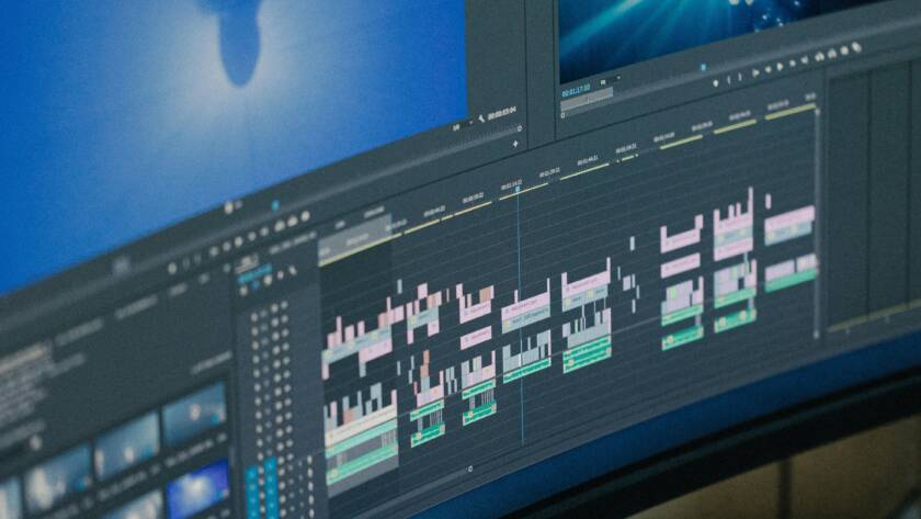 Video editing on computer screen.