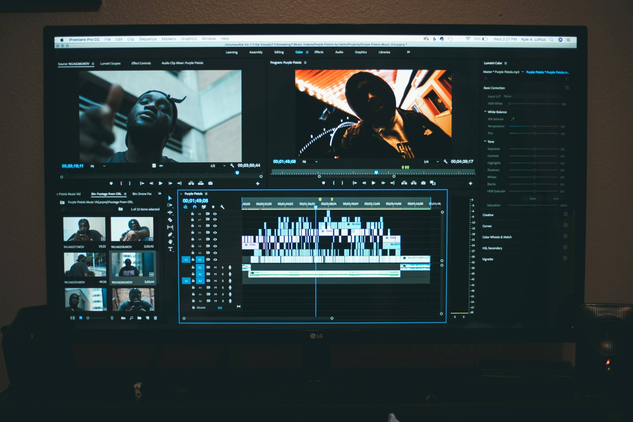 Video editing on computer.
