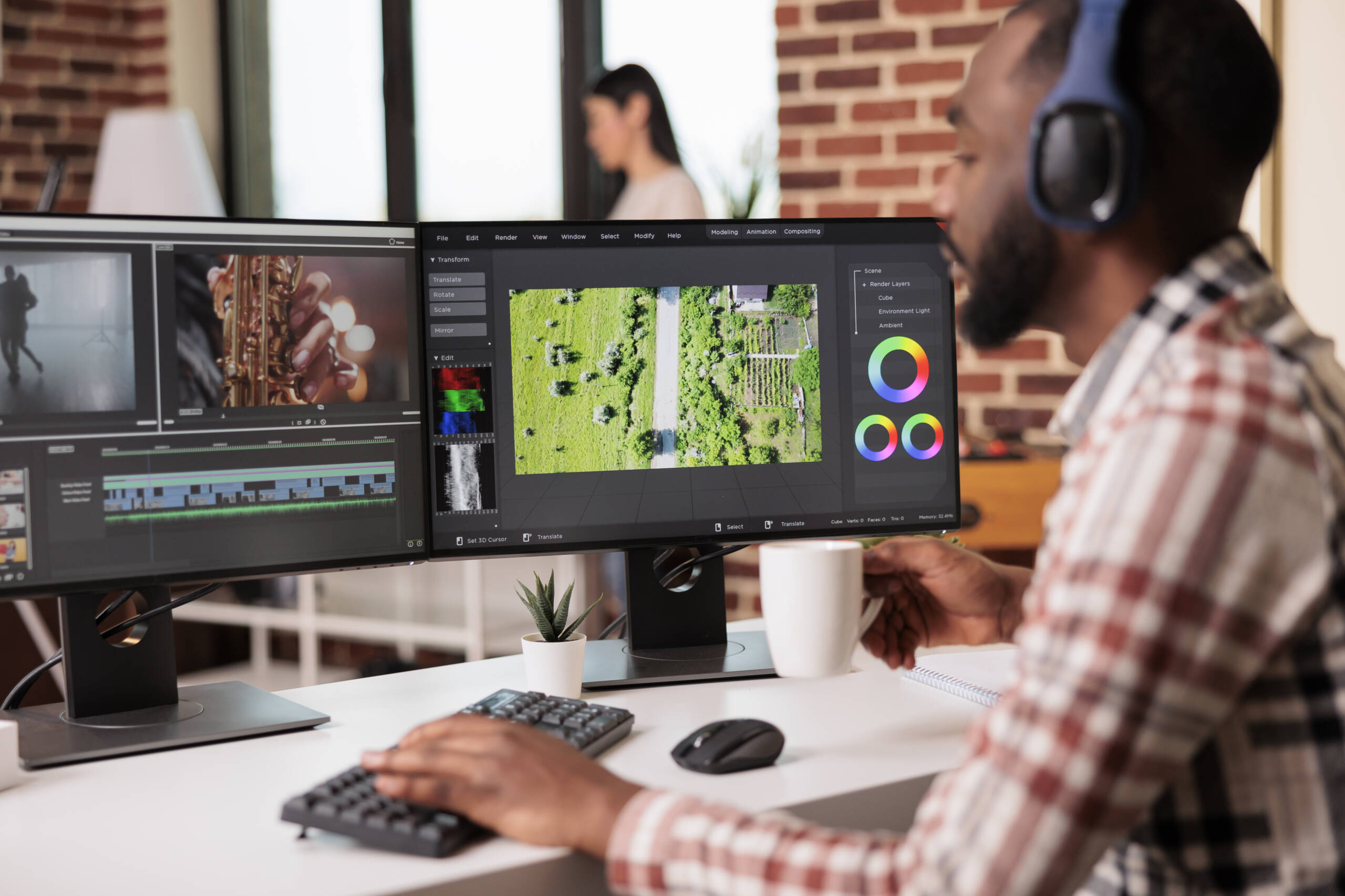 A guy video editing on his computer.